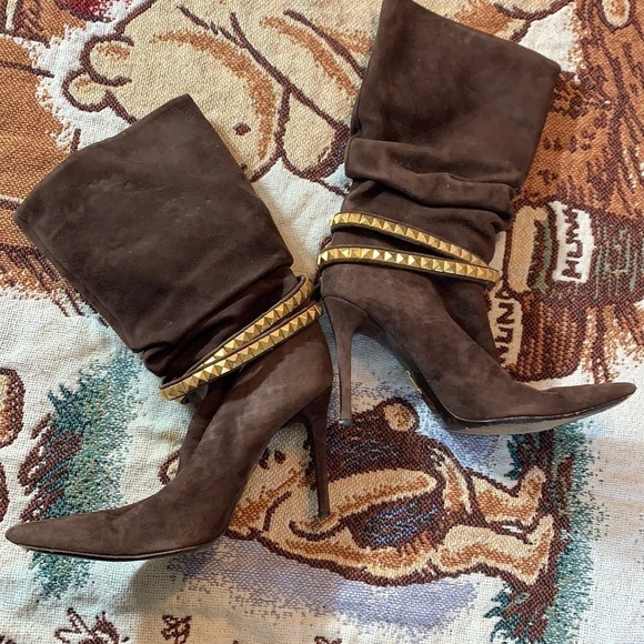 Vintage Iceberg Scrunchy Brown Suede Stiletto Boot gold stud wrap strap heel 8 - Picture 1 of 16
